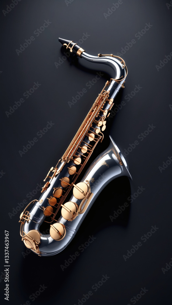 Obraz premium Sleek silver & gold saxophone on a dark backdrop, shining brilliantly. Perfect for music lovers and jazz enthusiasts! #saxophone #music