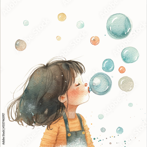 A child blowing bubbles cartoon style watercolor