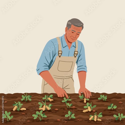 Farmer Inspecting Peanut Plants in Field Showing Healthy Growth