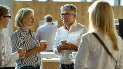 Group of professionals engaged in conversation at a modern caf?, discussing ideas over coffee