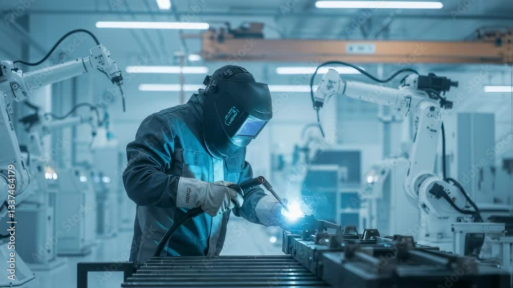 Man welding metal parts in modern automated factory with robotic arms. Industrial manufacturing facility with high-tech equipment for metalworking. Blue-tinted workspace. Man welding metal parts in modern automated factory with robotic arms. Industrial manufacturing facility with high-tech equipment for metalworking. Blue-tinted workspace.