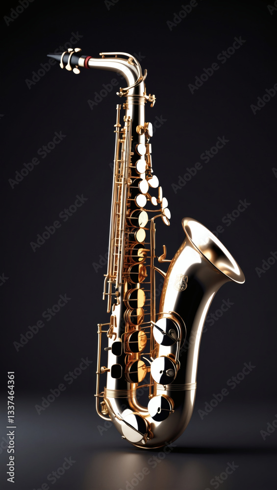 Obraz premium Gold elegance embodies this saxophone. Its brass curves reflect light, poised to deliver a captivating musical performance.