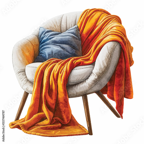 A cozy blanket draped over a chair cartoon style watercolor