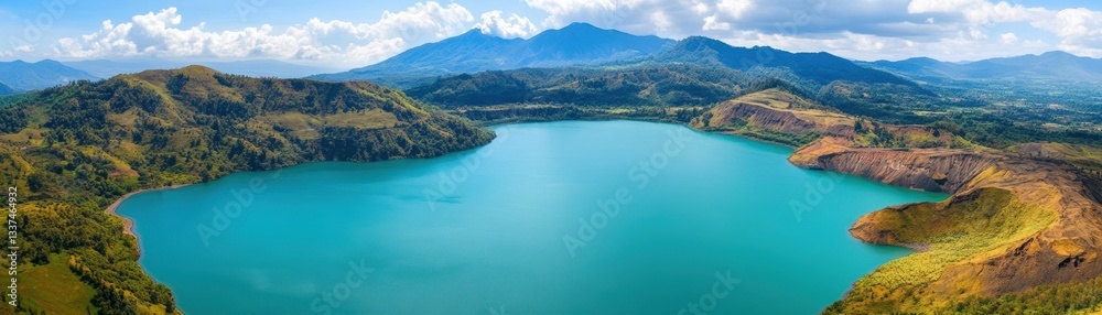 A breathtaking panoramic view of a tranquil lake surrounded by lush hills and mountains, this image captures nature's serenity and beauty, ideal for travel brochures, nature blogs A breathtaking panoramic view of a tranquil lake surrounded by lush hills and mountains, this image captures nature's serenity and beauty, ideal for travel brochures, nature blogs