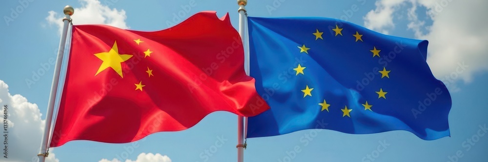 Close-up of Asian and European flags waving together , silk, culture Close-up of Asian and European flags waving together , silk, culture