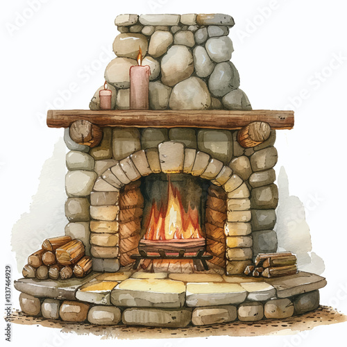 A cozy fireplace cartoon style watercolor
