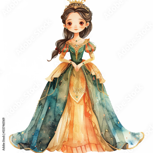 A cute queen in a beautiful gown cartoon style watercolor