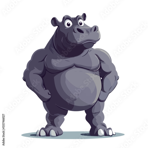 Adorable Strong Muscle Body Hippopotamus Cartoon Illustration