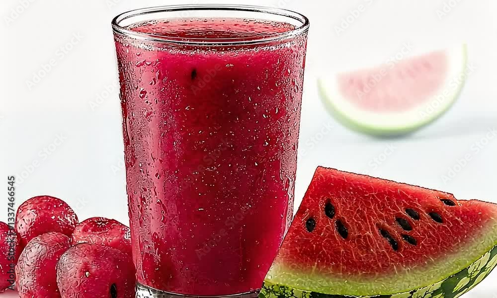 Sparkling Watermelon Beverage with Fresh Slices and Bubbles in a Clear Glass on Light Background Sparkling Watermelon Beverage with Fresh Slices and Bubbles in a Clear Glass on Light Background