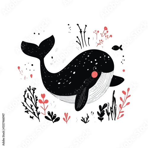 Adorable Hand-Drawn Cartoon Vector Illustration of a Cute Whale