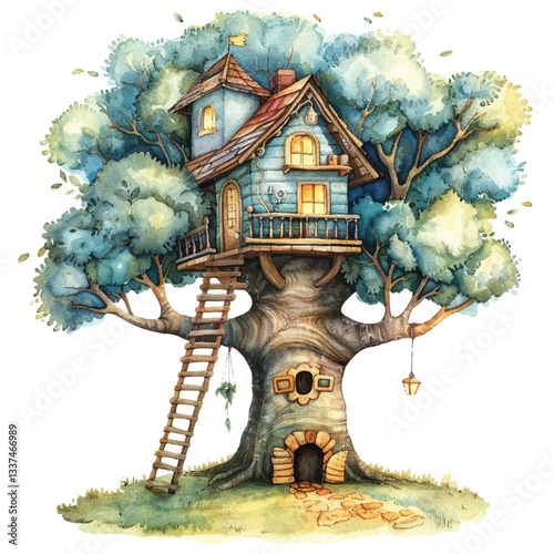 treehouse in a big tree cartoon style watercolor