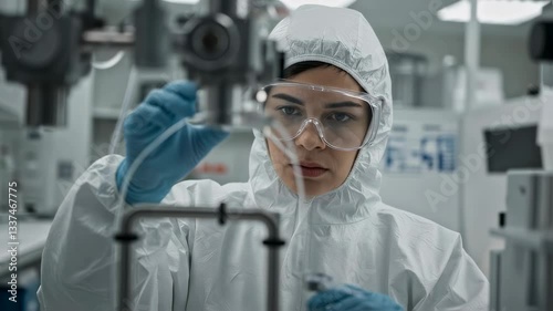 Female scientist in cleanroom suit conducting laboratory experiment with liquid samples. Pharmaceutical research and development. Modern medical technology for vaccine development and testing.