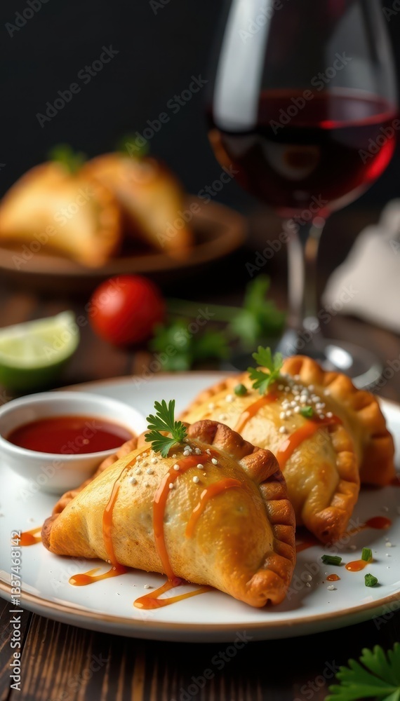 Crispy empanada crusts, drizzled sauces, wine glass reflection , golden brown, meal, appetizer Crispy empanada crusts, drizzled sauces, wine glass reflection , golden brown, meal, appetizer