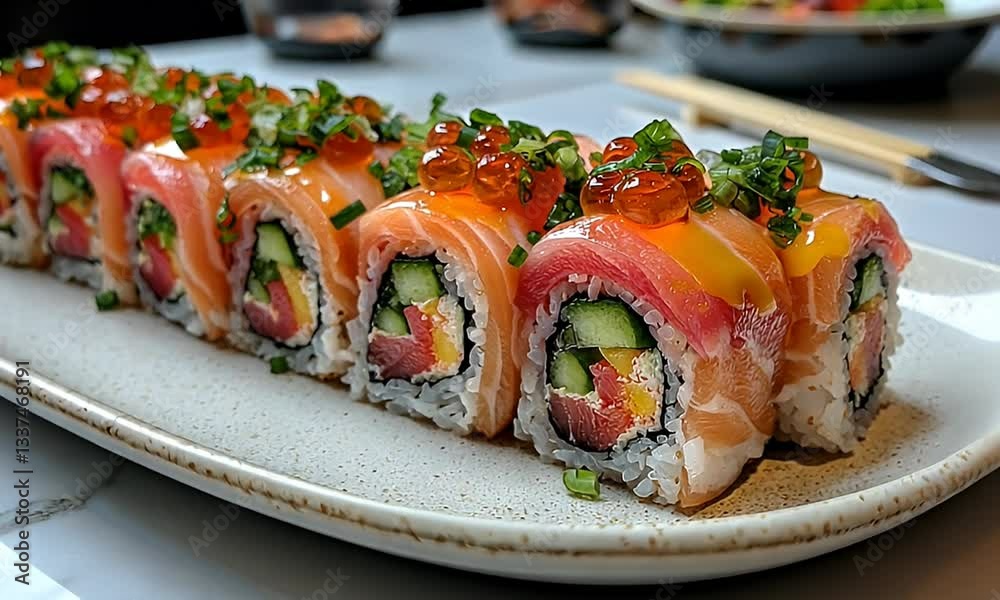 Delicious Sushi Rolls Elegantly Plated with Fresh Ingredients and Vibrant Garnish in a Contemporary Dining Setting Delicious Sushi Rolls Elegantly Plated with Fresh Ingredients and Vibrant Garnish in a Contemporary Dining Setting