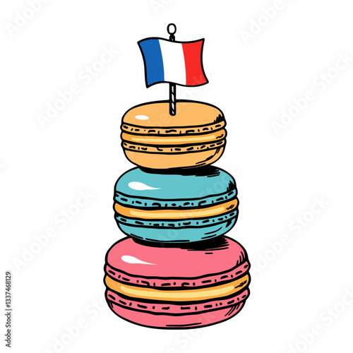 stack of colorful macarons with a French flag, dessert illustration
