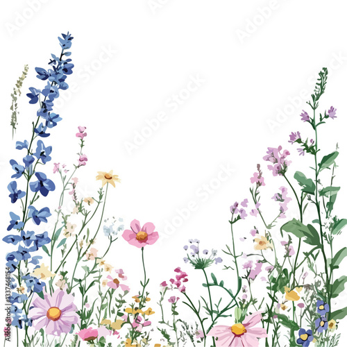 Elegant Dainty Wildflowers Frame - Isolated White Background EPS