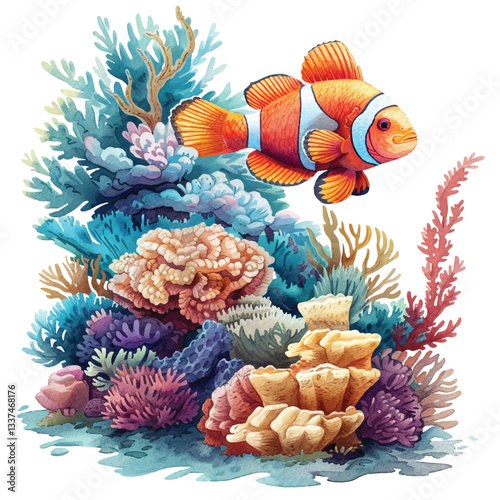 watercolor tropical fish and coral reef