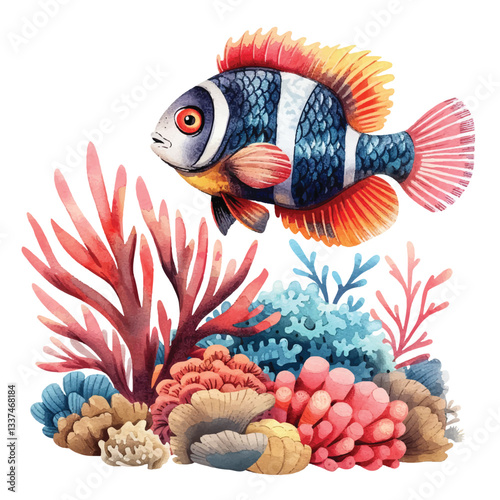 watercolor tropical fish and coral reef