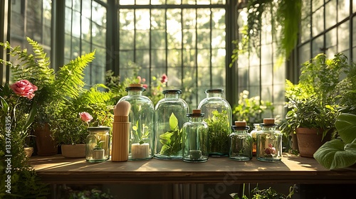 Eco friendly beauty studio reusable glass bottle bamboo packaging organic ingredient like aloe vera rose petal shea butter setting bathed natural sunlight plant greenery creating serene sustainable