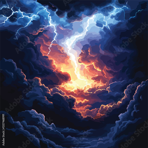 Dramatic Dark Clouds with Lightning Thunderstorm and Storm Illustration