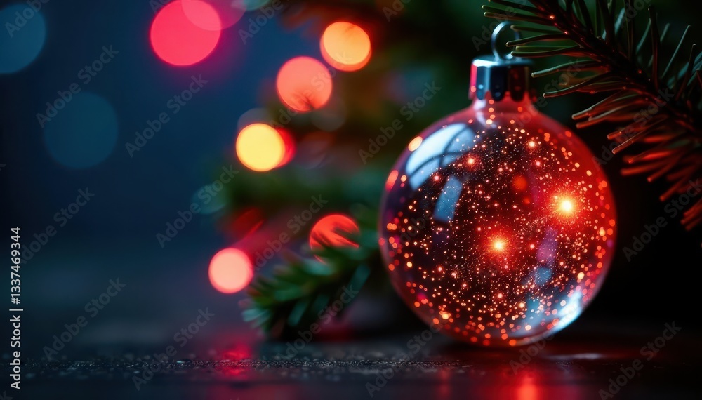 Fototapeta premium Close-up of multicolored Christmas tree lights reflecting on glass ornament , winter, antique