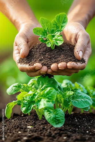 Obraz na płótnie Hands carefully sprinkle nutrient-rich compost around vibrant vegetable plants, enriching the soil for healthy growth. This practice promotes sustainability and enhances crop yield w salonie