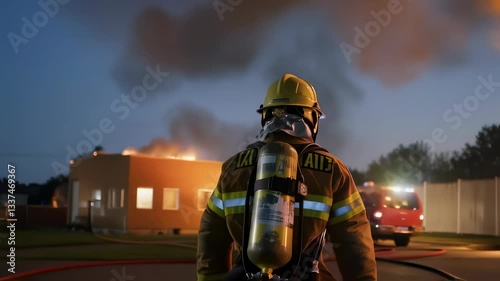 Brave firefighter in protective gear facing burning building at night. Male emergency responder at structure fire scene with smoke and flames. Heroic first responder during rescue operation.