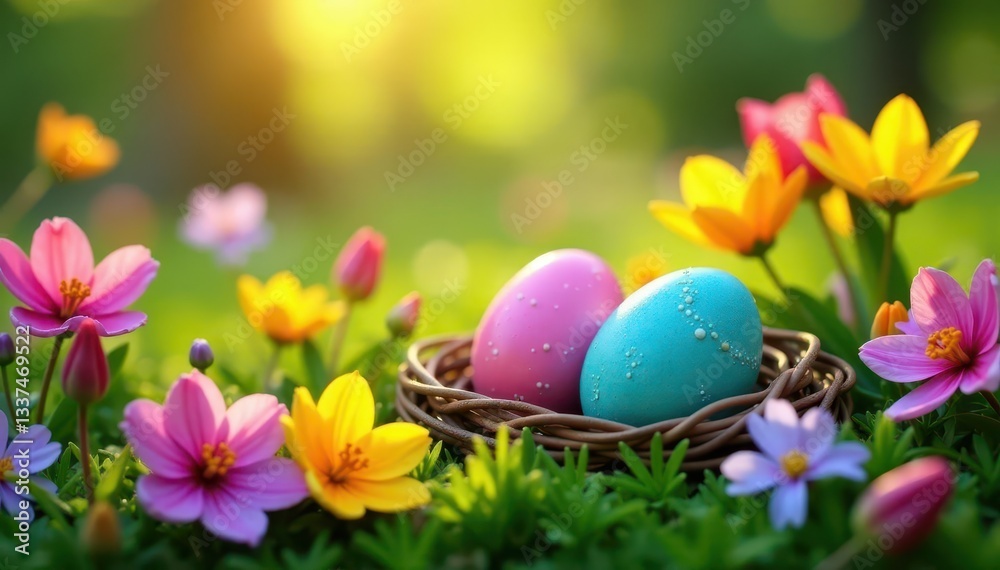 Colorful eggs nestled amongst vibrant spring blooms in a lush garden , springtime, macro photography, spring garden Colorful eggs nestled amongst vibrant spring blooms in a lush garden , springtime, macro photography, spring garden