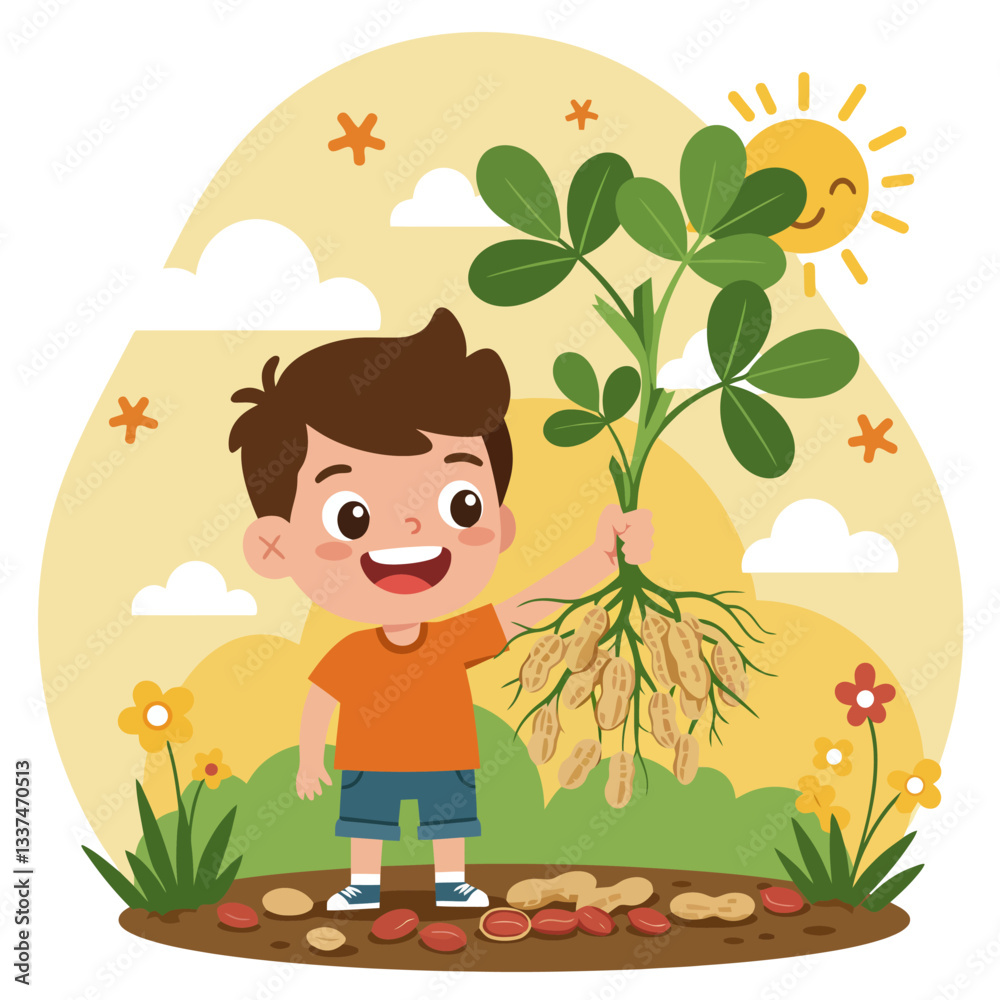 Boy Harvesting Peanut Plant From Garden Under Smiling Sun Cartoon Boy Harvesting Peanut Plant From Garden Under Smiling Sun Cartoon