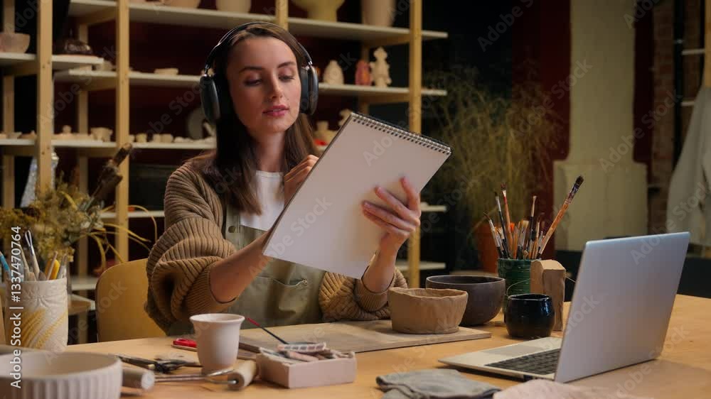 Woman in headphones listen music artist girl notebook sketch paper drawing architect painter designer potter painting artwork hobby in pottery art studio ceramics design paint creative handmade craft