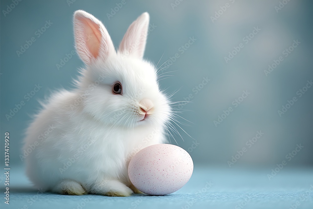 Obraz premium Fluffy white bunny with pastel egg.