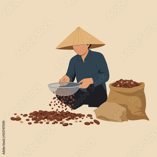 Person Sorting Coffee Beans with Traditional Hat and Burlap Sack