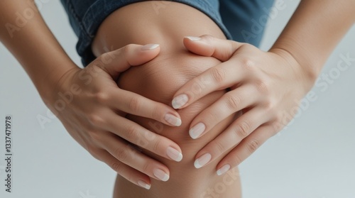 Wallpaper Mural A close-up view of a person holding their knee with both hands, conveying pain or discomfort Torontodigital.ca