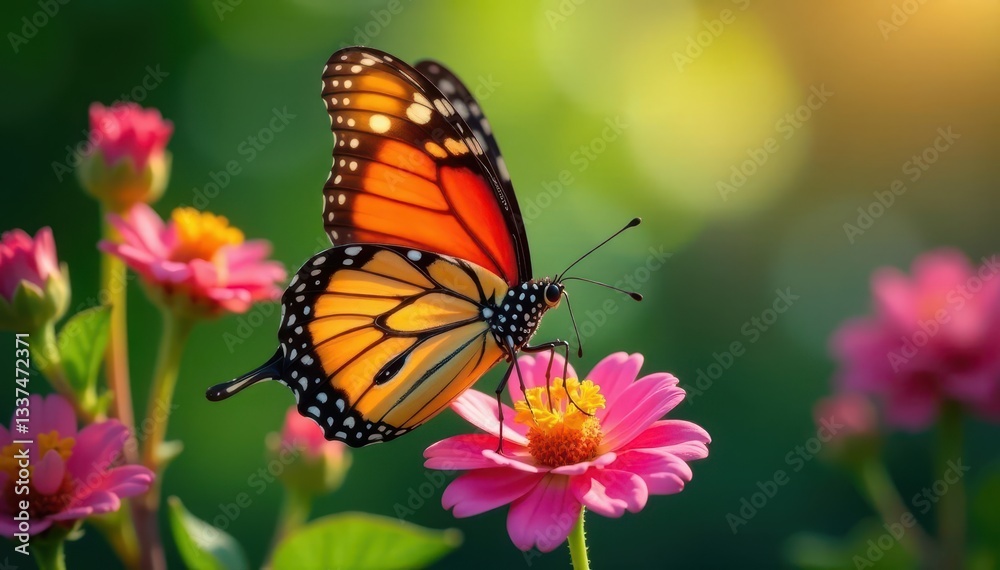 Butterfly delicately sipping nectar from vibrant bloom, pollination, nature Butterfly delicately sipping nectar from vibrant bloom, pollination, nature