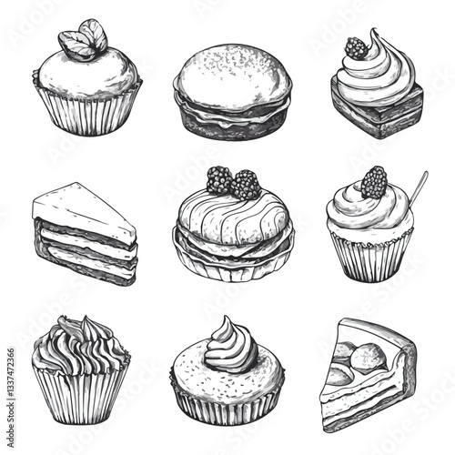 Various Hand-Drawn Bakery Items and Sweets Illustration