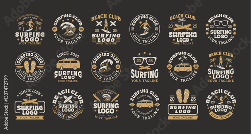 Vintage surfing vector logo template bundle. Surf logo emblems collection. Retro vector illustration set of logos on surfing theme. Surfing logo vector for t-shirt design