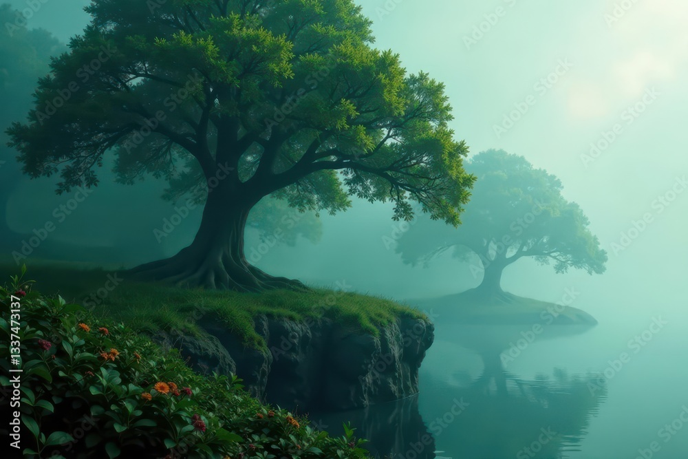 Mysterious airborne grove, island below Ancient trees, misty air , ethereal, environment Mysterious airborne grove, island below Ancient trees, misty air , ethereal, environment