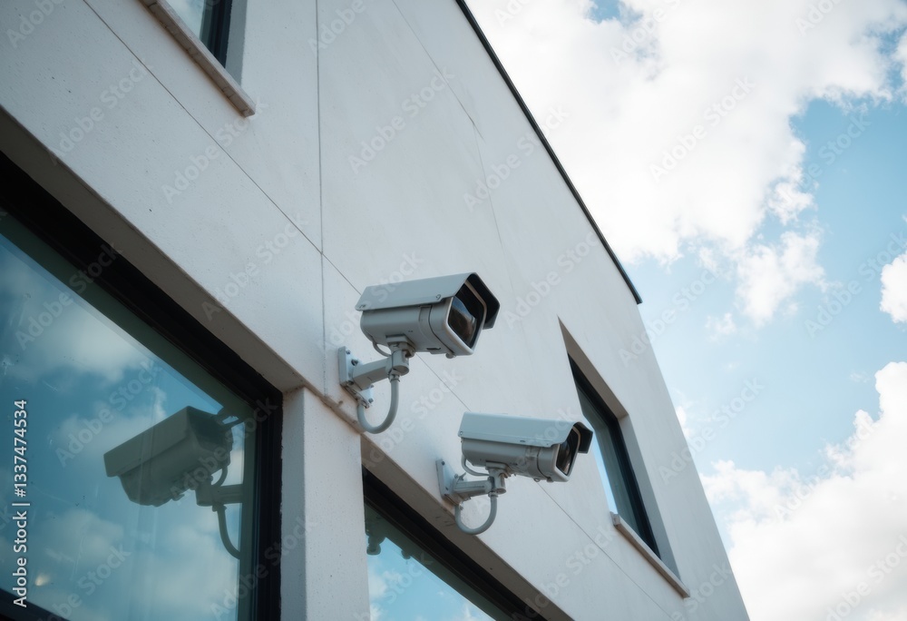 Security cameras mounted on a modern building with a clear blue sky Security cameras mounted on a modern building with a clear blue sky
