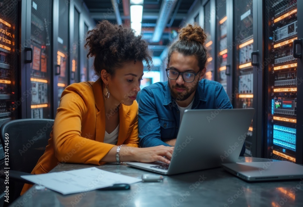 Two professionals collaborating on a laptop in a server room Two professionals collaborating on a laptop in a server room