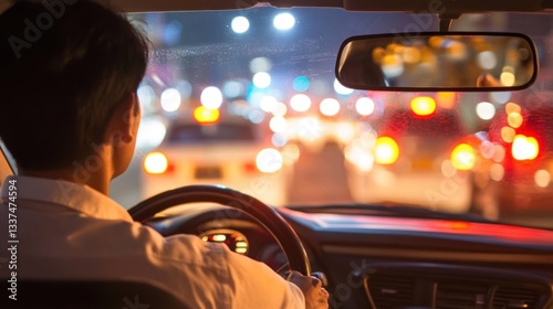 Navigating City Nights: A Taxi Driver's Perspective in Evening Traffic