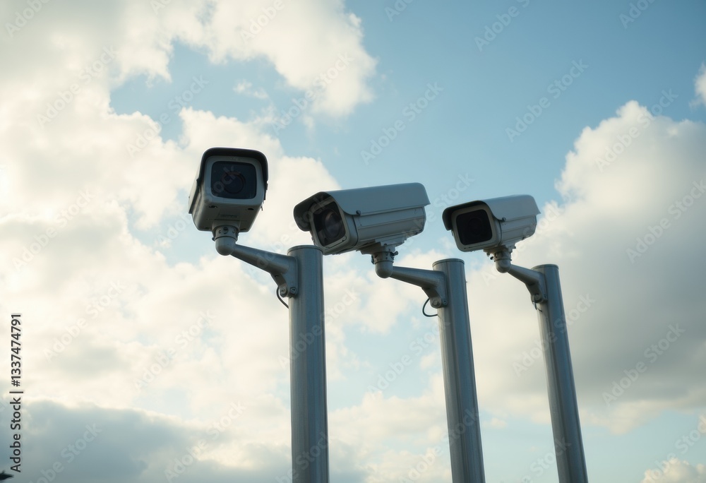 Three surveillance cameras mounted on poles against a cloudy sky Three surveillance cameras mounted on poles against a cloudy sky