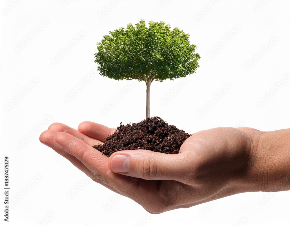 Hand holding a small tree sapling, isolated on white background Hand holding a small tree sapling, isolated on white background