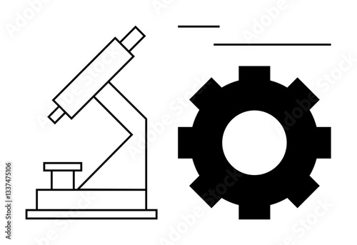 Microscope paired with a gear representing scientific analysis, technological innovation, and progress. Ideal for research, education, development, engineering, science, technology and discovery