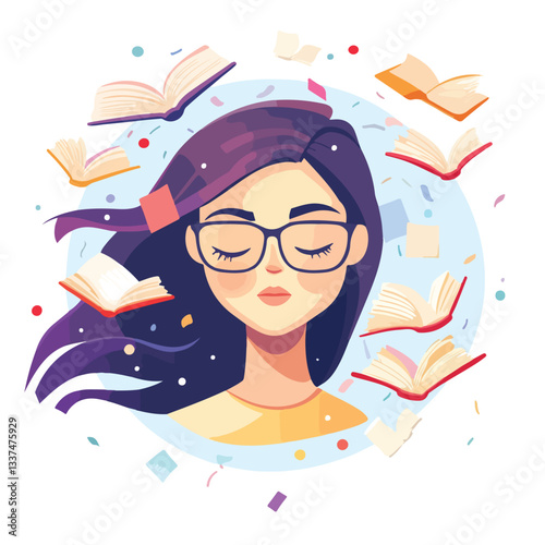 Dreaming Girl Book Lover Cartoon Vector Concept