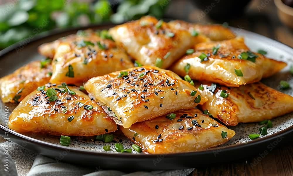 Golden Brown Crispy Dumplings Garnished with Fresh Chives on a Rustic Plate Surrounded by Natural Greenery and Soft Lighting Golden Brown Crispy Dumplings Garnished with Fresh Chives on a Rustic Plate Surrounded by Natural Greenery and Soft Lighting