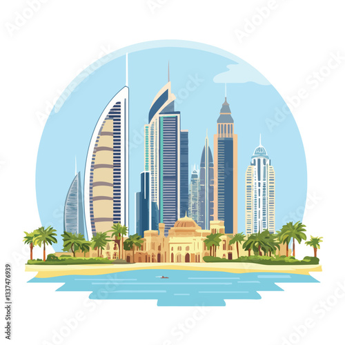 Dubai Famous Landmarks Travel Vector Illustration