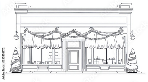 Line drawing of a decorated storefront at Christmas
