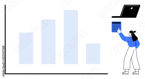 Woman interacting with calculator and viewing bar chart analysis, emphasizing data evaluation. Ideal for business, analytics, education, finance, management, growth performance concepts. Flat simple