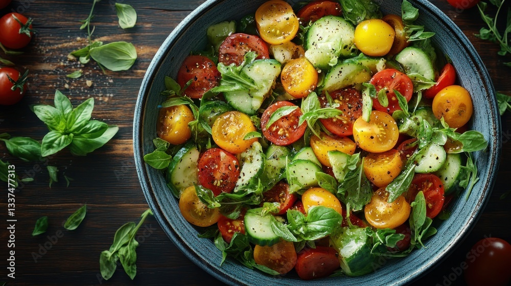 Vibrant summer salad with sliced cucumbers, colorful cherry tomatoes, and fresh herbs
