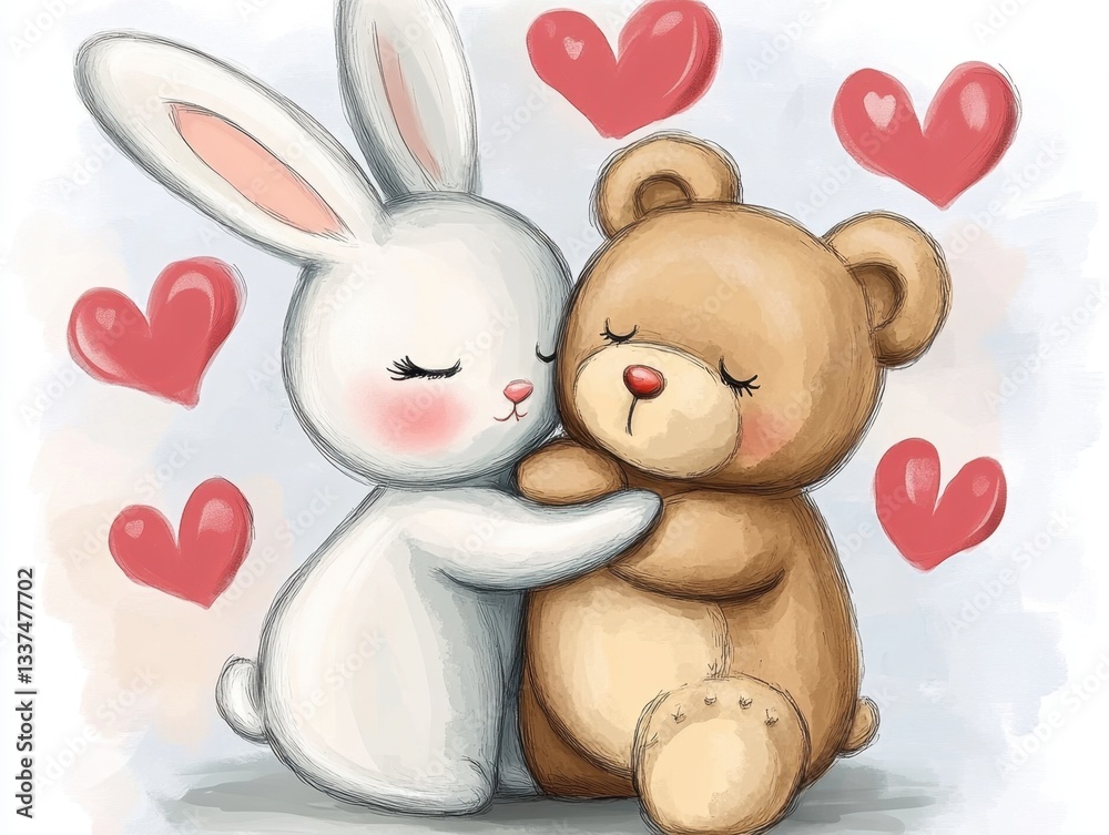 Fototapeta premium Bunny and teddy bear hugging with hearts 